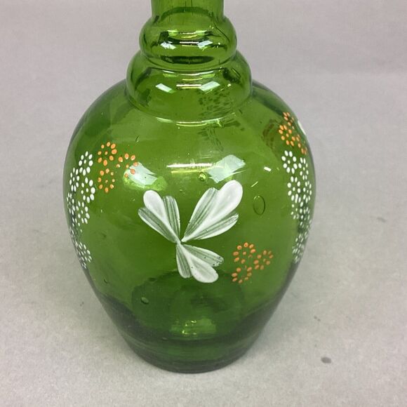 Green Glass Vase With Hand Painted Flowers - 6.75” - Picture 4 of 9